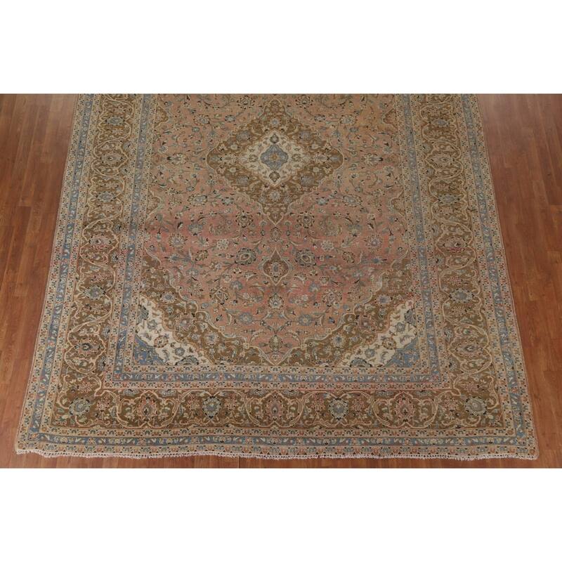 Hand Knotted Oriental 100% Wool Carpet Traditional Floral Pink Mashad Area Rug - 13' 3'' X 9' 7''