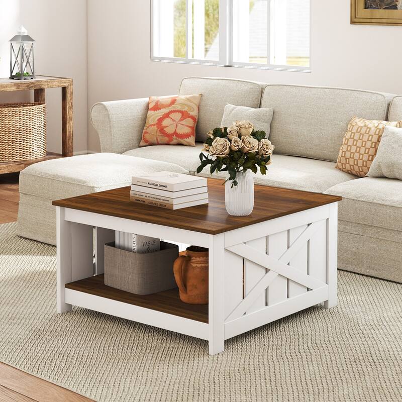 Gymax 31'' Wooden Square Coffee Table w/Storage Shelf Open Compartment - White, Brown