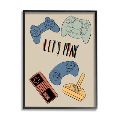 Stupell Let's Play Phrase Vintage Video Game Controllers Framed Wall Art