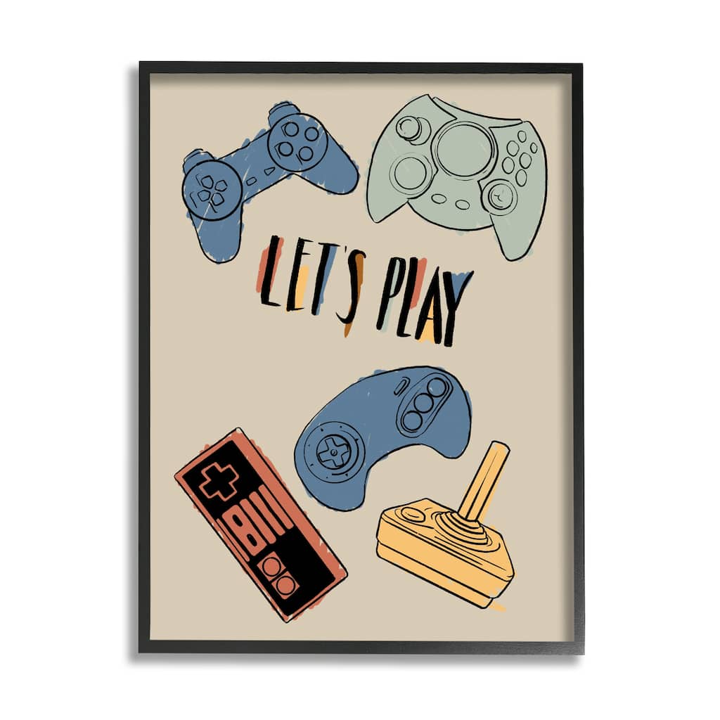 Stupell Let's Play Phrase Vintage Video Game Controllers Framed Wall Art