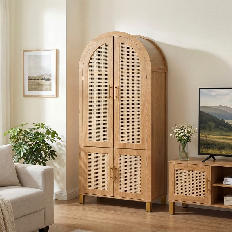 Freestanding 71"Tall Arched Kitchen Cabinet with 4 Rattan Doors, Rustic Pantry Cabinet for Kitchen, Dining Room