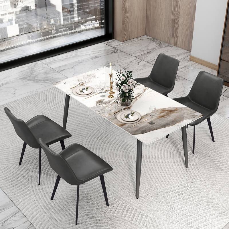 63" Rectangle Modern Sintered Stone Dining Table, Industrial Kitchen Table with Metal Legs for 6 People - Pandora