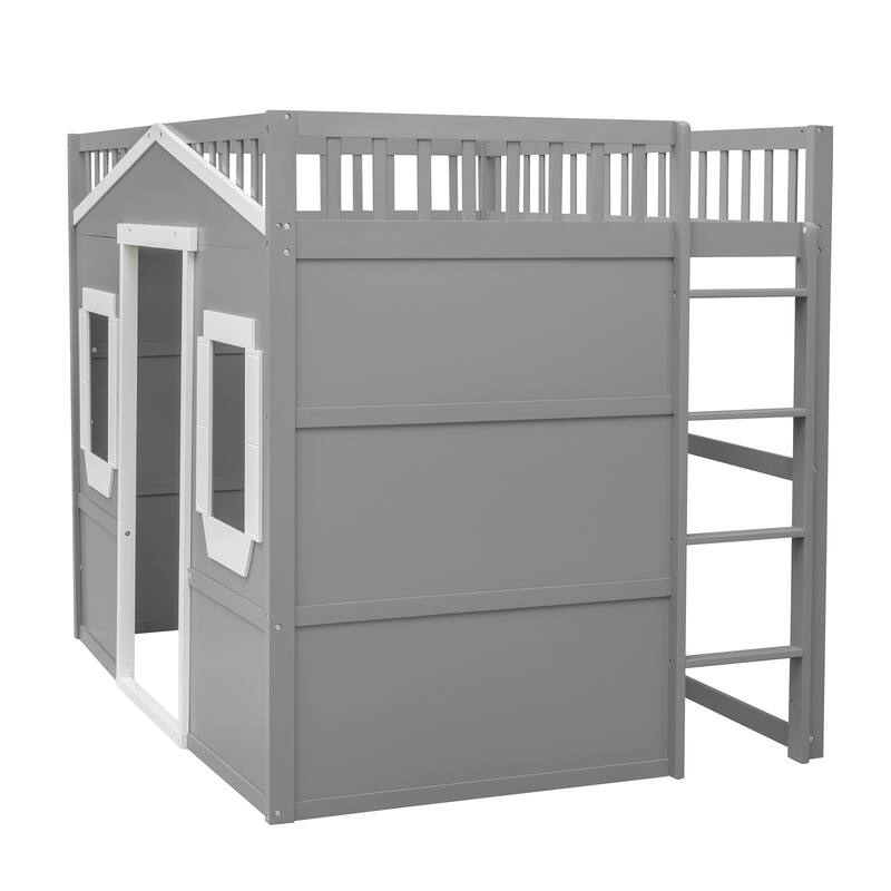 Full Size Loft Bed with Ladder in Gray and White Frame, Sturdy Pine Wood Construction