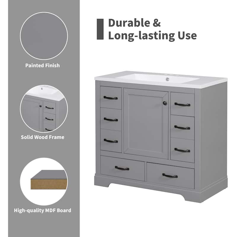 36" Bathroom Vanity with Sink Combo, 6 Drawers, Adjustable Shelf