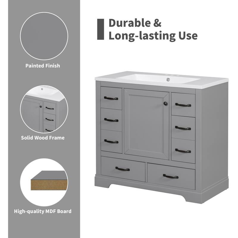 Modern 36 inch Bathroom Vanity Base without Sink, Bathroom Storage Cabinet with 6 Drawers and Adjustable Shelf