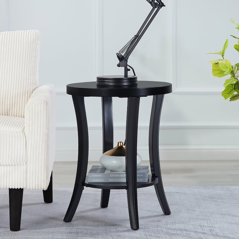 Round End Table with Shelf Two-Tier Storage Accent Furniture with Curved Legs and Smooth Veneer Finish for Home - 18