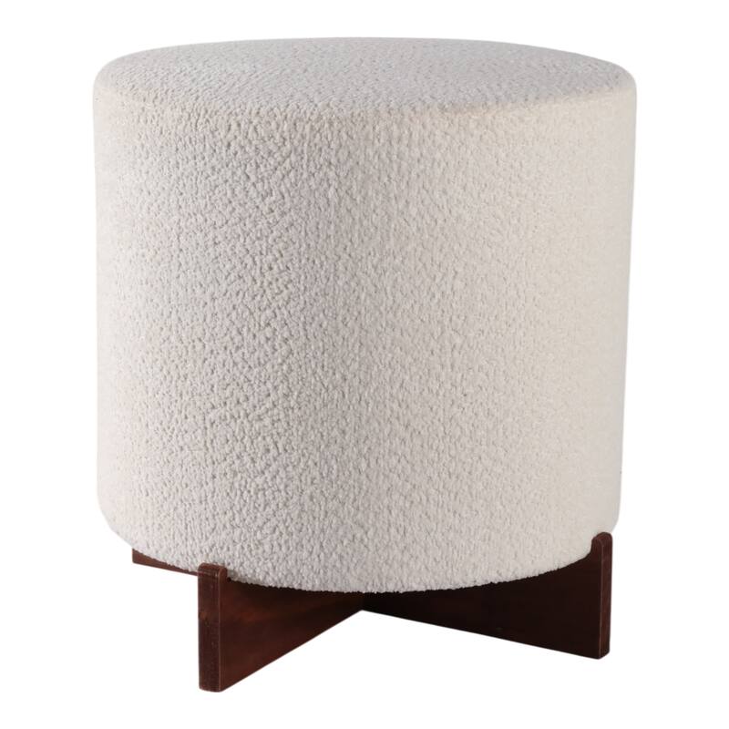 Velvet Round Ottoman Sherpa Finish and X-Base Wood Frame - 18" Ivory