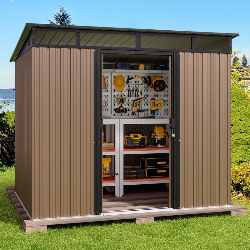 6' x 4' / 8' x 6' Outdoor Storage Shed, Galvanized Metal Garden Shed with Double Lockable Doors