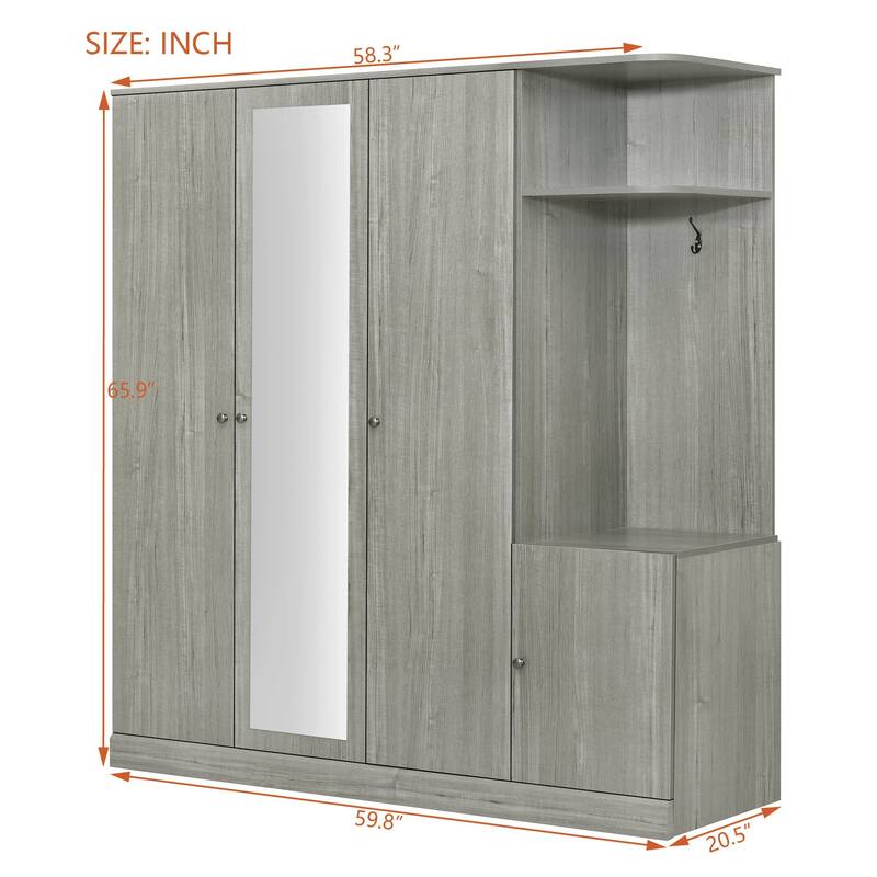 Modern Particle Board Wardrobe with Mirror, 2 Hanging Rails, 1 Drawer, Shelves and Safety Lock, 65.9" Tall