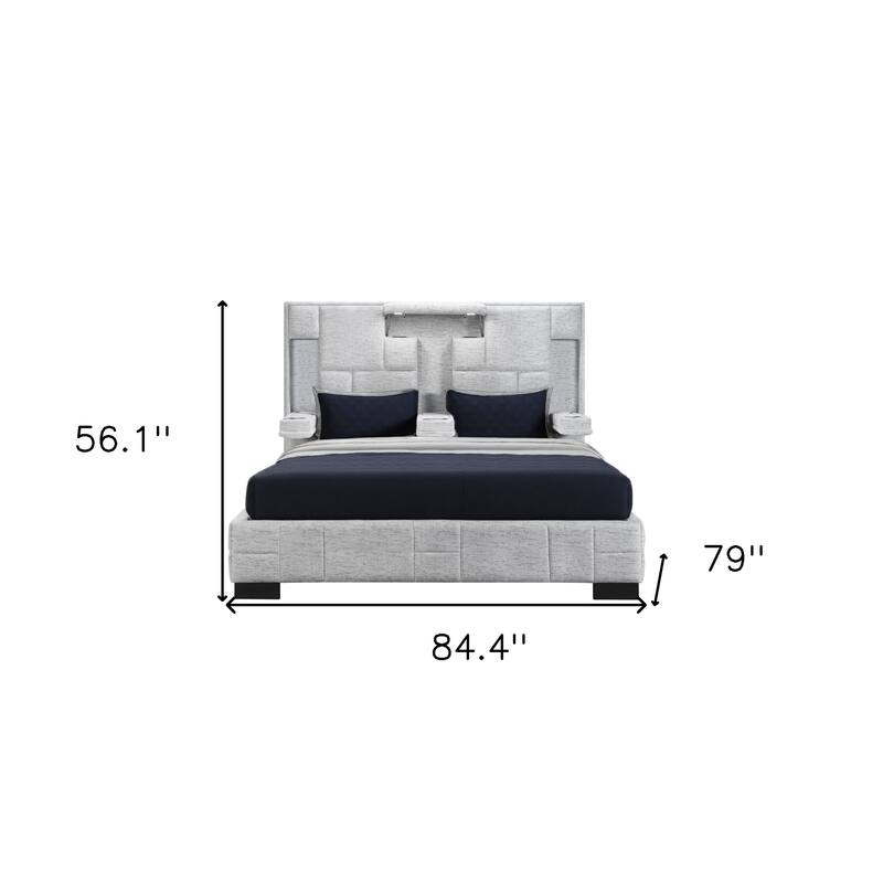 HomeRoots Gray Faux Crystal Bling Distressed Wood And Faux Leather Lighted King Bed Frame With Two Drawers