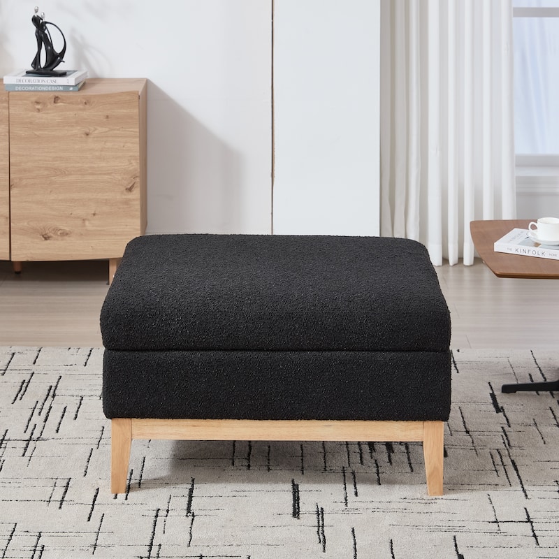 Upholstered Storage Ottoman with Reversible Lid, Square Storage Coffee Table with Rubberwood Legs, Boucle Footstool - Black