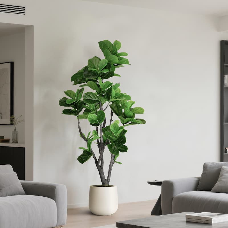 Artificial Fiddle Leaf Fig Tree in White Decor Pot, Faux Green Plant