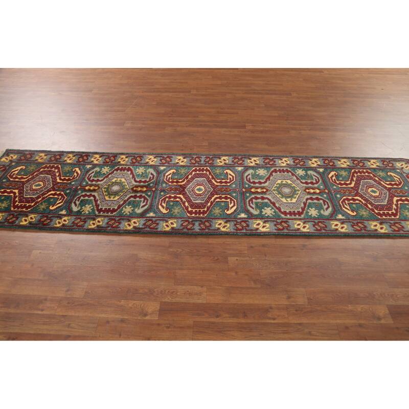 Green Geometric Kazak Runner Rug Hand-Knotted Wool Carpet - 2'5"x 9'8"