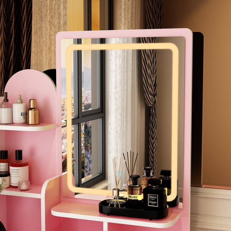 Vanity Desk with LED Lighted Mirror, Makeup Vanity Table with Drawers, Shelves and Stool