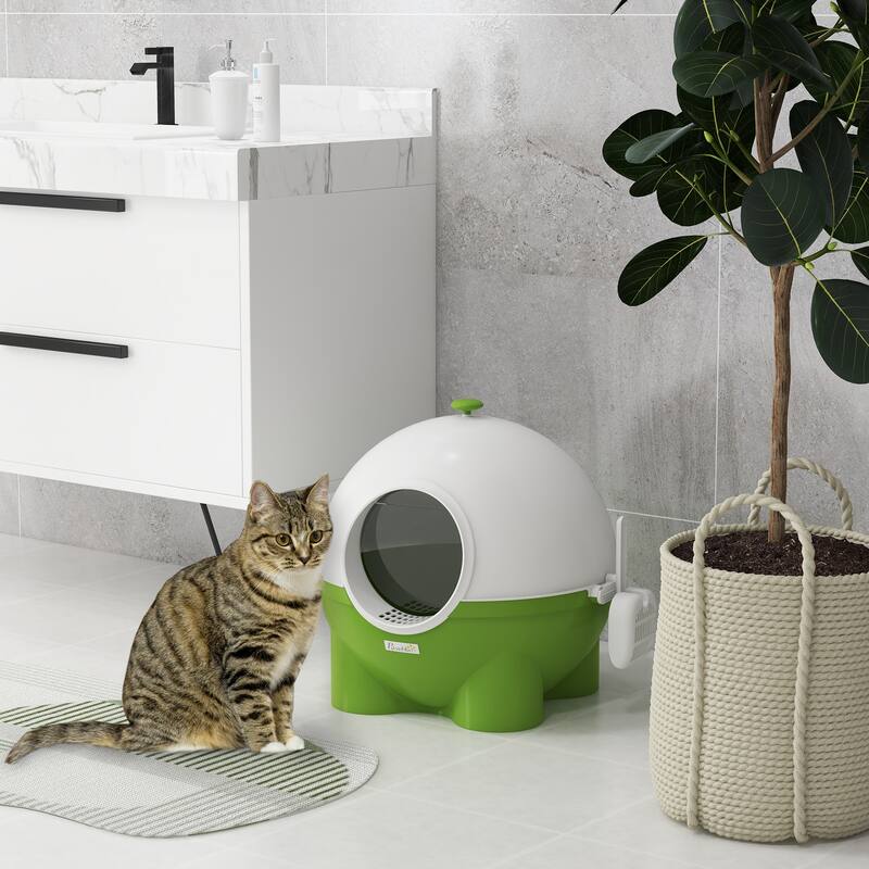 PawHut Hooded Cat Litter Box, Large Kitty Litter Pan with Lid, Scoop, Leaking Sand Pedal, Top Handle, Dark Green