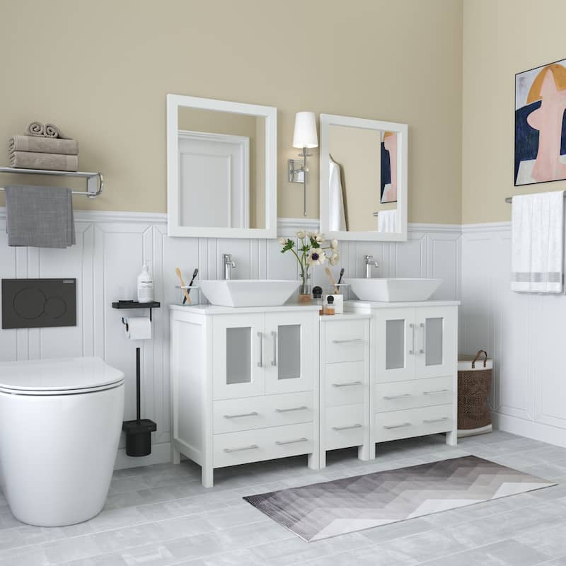 Vanity Art 60" Double Sink Bathroom Vanity Set with Engineered Marble Top and Free Mirror - 60 W X 18.5 D X 31.1 H
