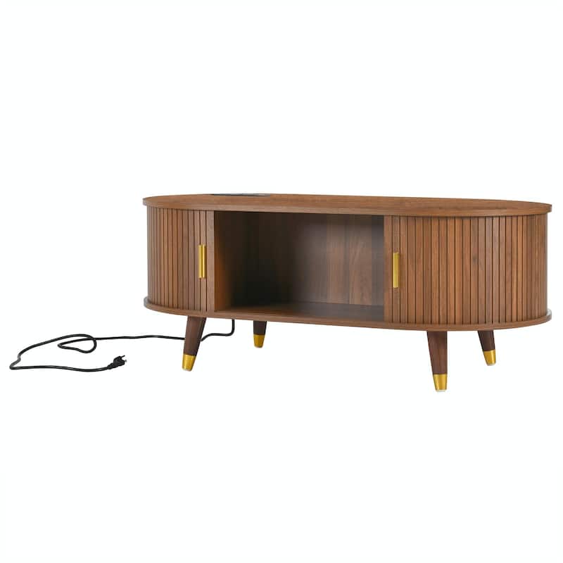 42.5"W Wooden Oval Fluted Coffee Table with Charging Station