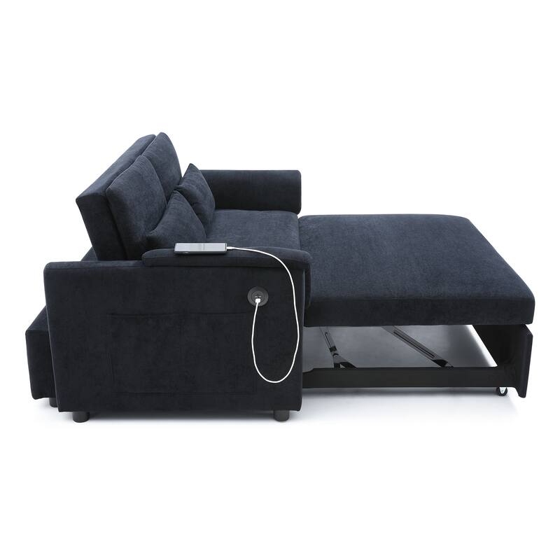 Pull-Out Sofa Bed with USB Ports & Pockets, Reclining Loveseat Sleeper Sofa Couch with Adjustable Backrest