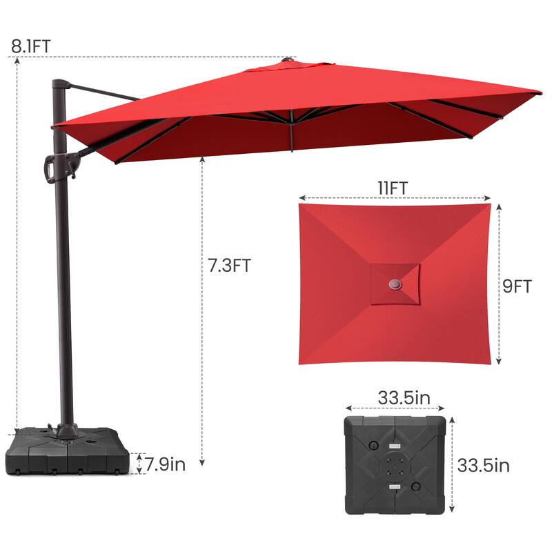 9 x 11 ft Patio Cantilever Offset Umbrella 360-degree Rotation with Base