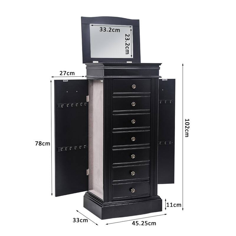Jewelry Armoire with Mirror, 7 Drawers & 24 Necklace Hooks, 2 Side Swing Doors