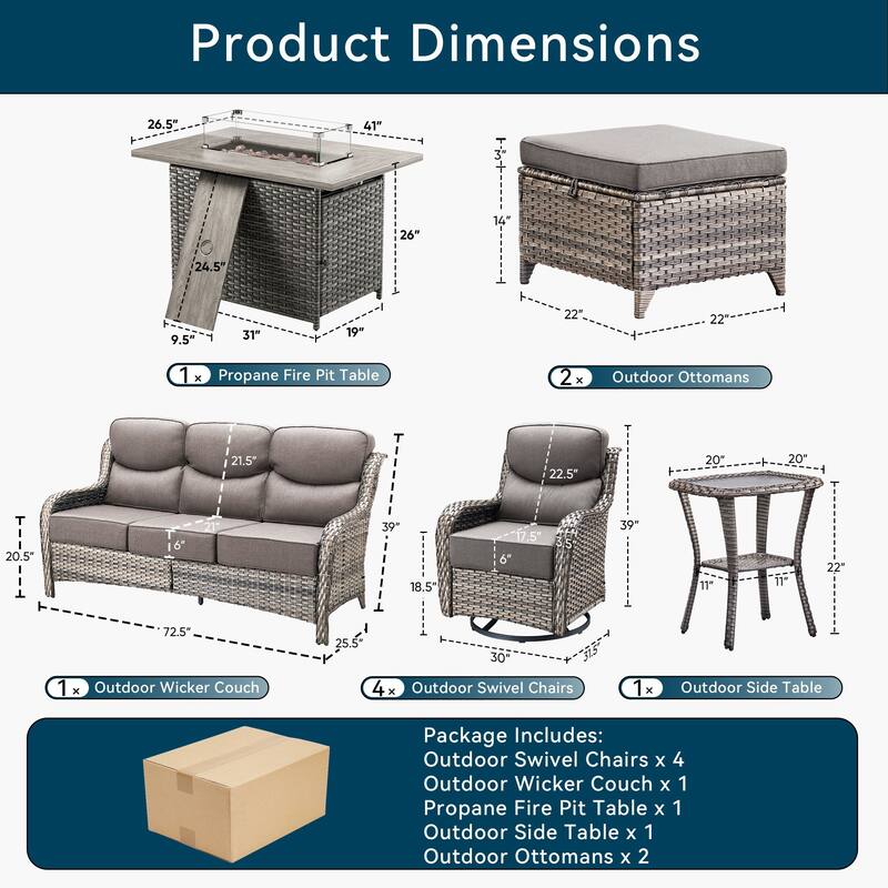 Pocassy Outdoor 6 Inch Sofa Chair Ottoman with Fire Pit Table Set