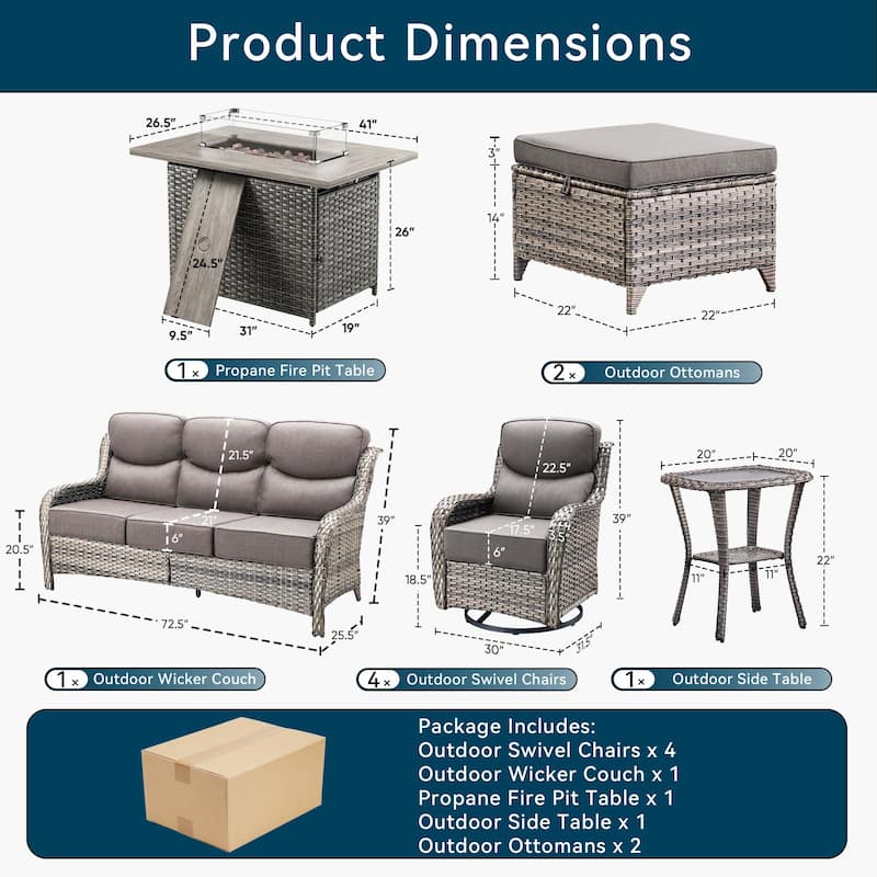 Pocassy Outdoor 6 Inch Sofa Swivel Chairs Ottoman with Fire Table Set