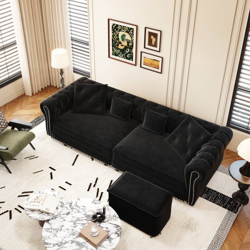 89" Chesterfield Pull Out Sofa Bed - Velvet 3-in-1 Convertible Sleeper with Chaise & Ottoman, King Size Sleeper Sofa