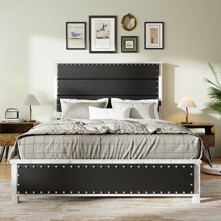 Queen Size Platform Bed Frame with Headboard, Upholstered Bed Frame with Charging Station and LED Lights, Wood Slats, Dark Grey
