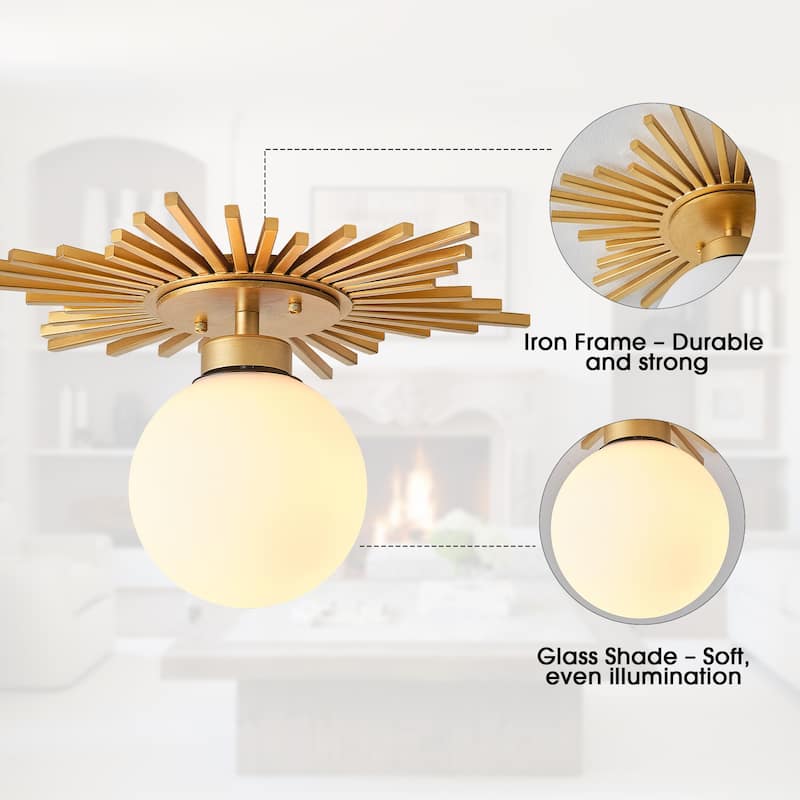 18" Antique Brass 1-Light Glass Globe Semi Flush Mount Ceiling Light