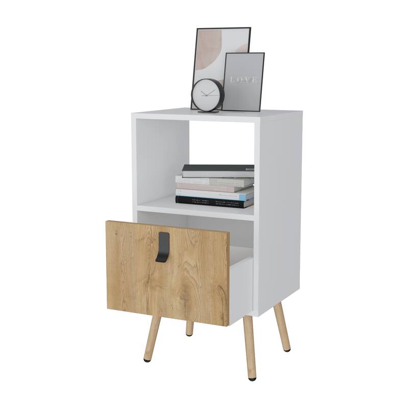 White and Macadamia Tall Nightstand with Open Shelf