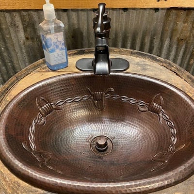 SimplyCopper 19" Oval Copper Bathroom Sink with Barbed Wire Design in Aged Copper Patina - 19" x 14" x 5"