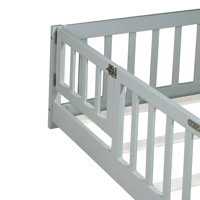 Roomfitters Twin/Full/Queen Rubber Wood Floor Bed with Fence and Swing Door, Safety Guardrails, Low Profile Design