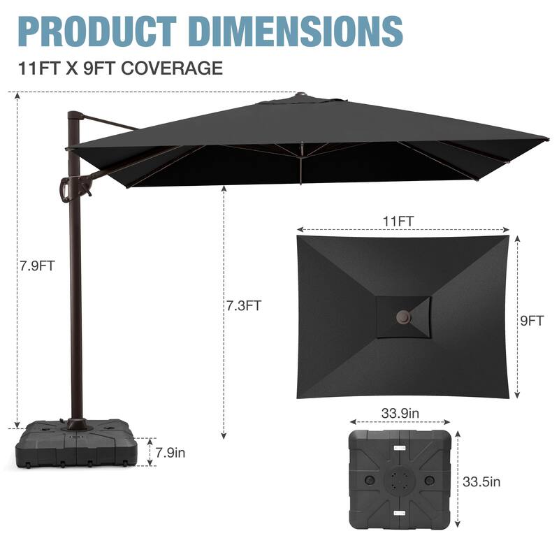Outdoor 9 x 11 Ft Cantilever Patio Umbrella 360 Degree Rotation with HDPE Base