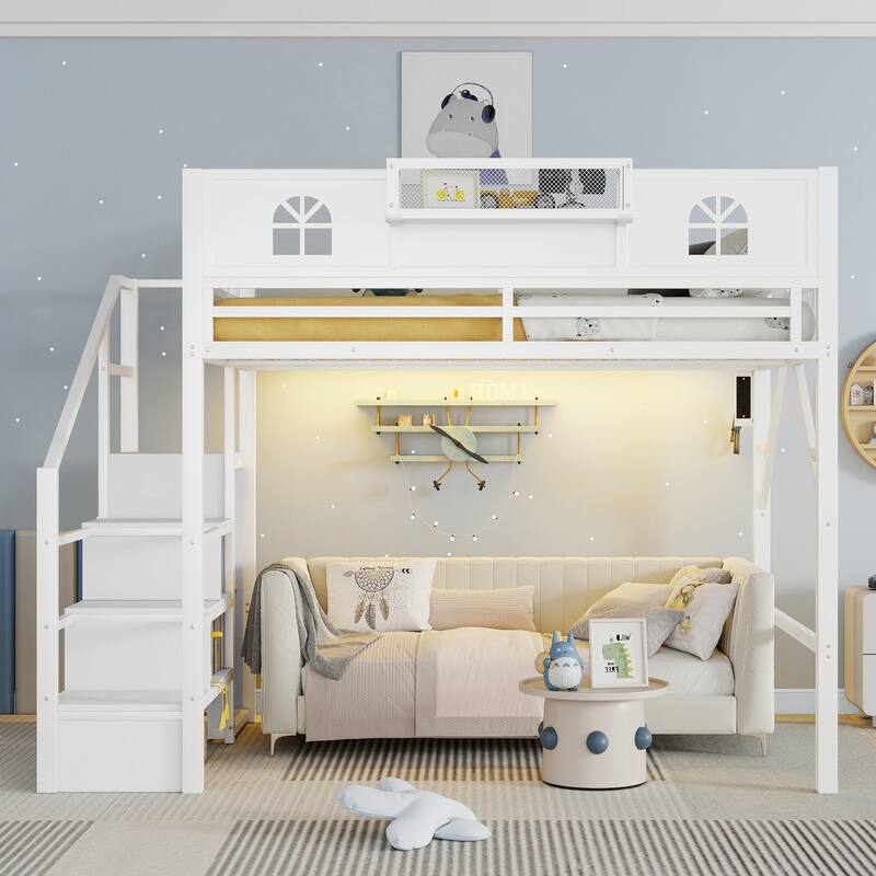 Full / Queen Size Loft Bed with Stairs, House Shaped Guardrails, and Wardrobe Storage