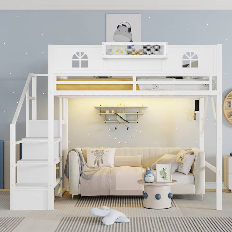 Full Size Loft Bed with Stairs, Metal Full Loft Bed with High and House Shaped Guardrails, High Loft Bed with Wardrobe for Kids