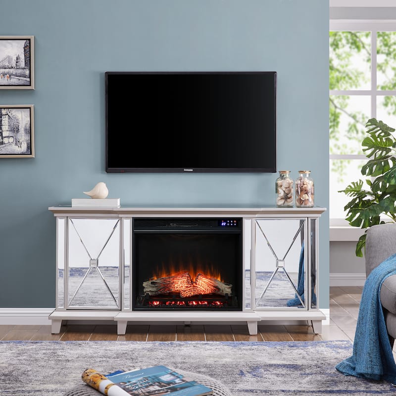 SEI Furniture Talmar Mirrored Fireplace Media TV Stand for TV's up to 62" - Silver w/ Mirrored Reflector Firebox