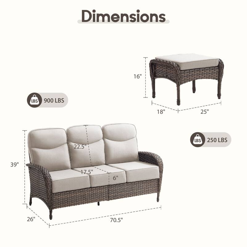 Luna 3-Seat Wicker Patio Sofa with 6-Inch Thick Cushions and 2 Ottomans