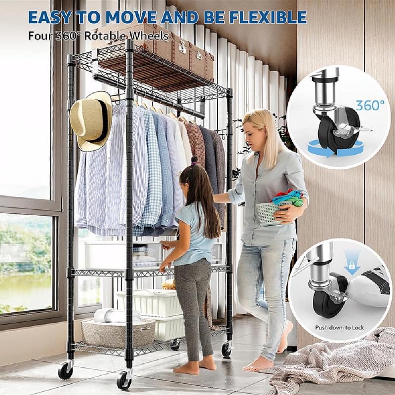 Heavy Duty Rolling Garment Rack with Wheels, 3-Tier Adjustable Wire Shelving, Clothes Rack with Rods & Side Hooks