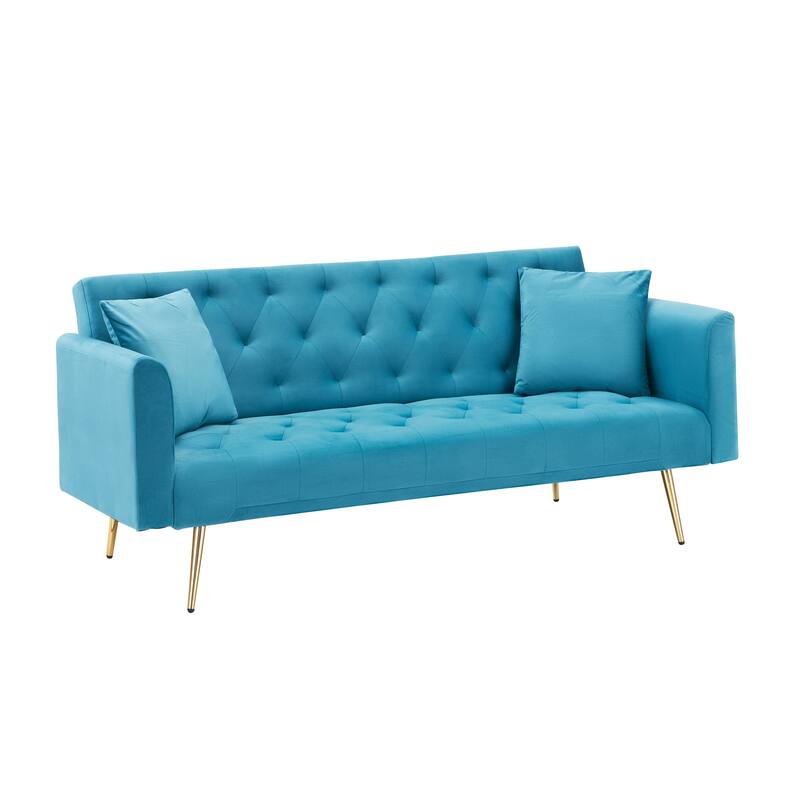 Velvet Loveseat Sofa Adjustable Backrest Sleeper Sofa Bed with 2 Pillow Upholstered Deep Seat Sofa, Tufted Couch