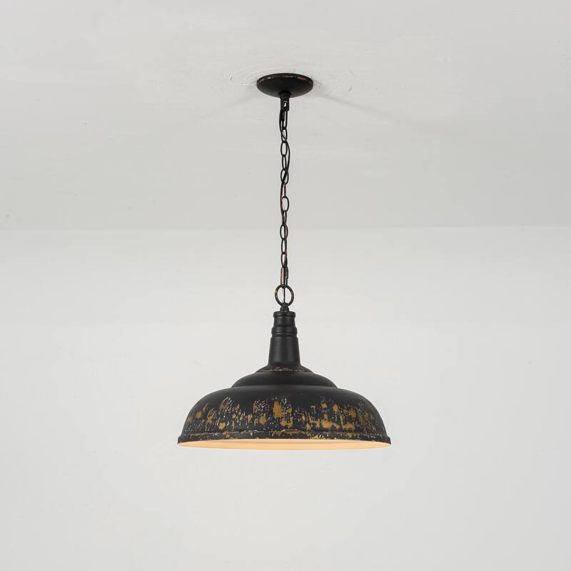 17.7" 1-Light Farmhouse Industrial Black and Gold Distressed Metal Dome Pendant Light with Adjustable Chain - Black/Gold - 17.7 in. W x 13.7 in. H x 17.7 in. D