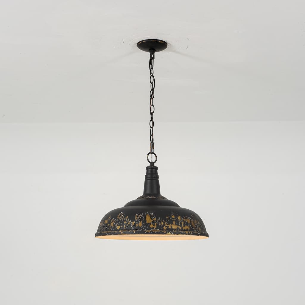 17.7" 1-Light Farmhouse Industrial Black and Gold Distressed Metal Dome Pendant Light with Adjustable Chain