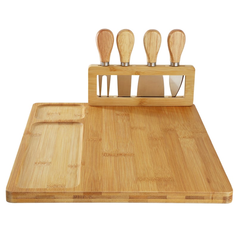 MegaChef Bamboo Charcuterie and Cheese Board with Knife Stand Attachment and 4 Piece Knife Set