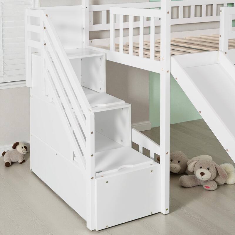 Twin Loft Bed with Slide and Storage Steps, House-Style Kids Bed with Two Drawers and Play Area, No Box Spring Needed