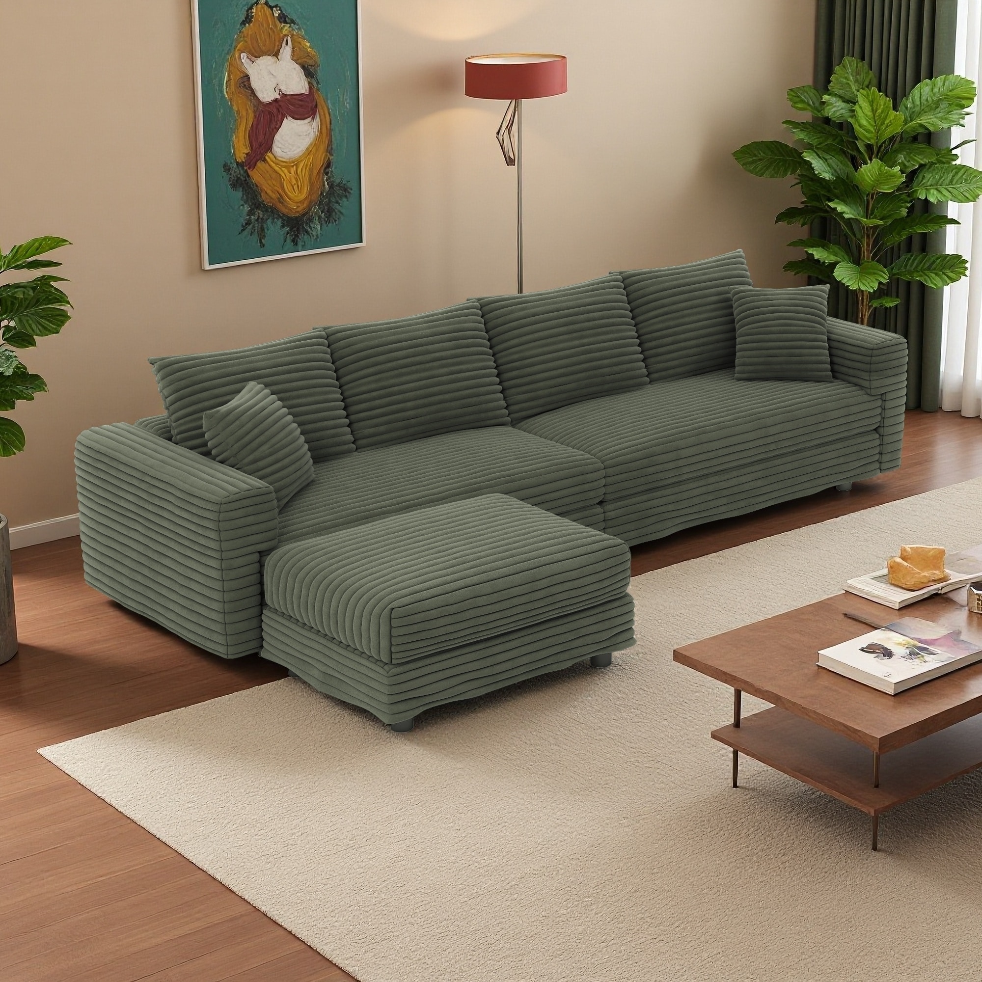 102.4" Plush Corduroy 4-Seater Cloud Sectional Sofa with Movable Ottoman & Convertible Design