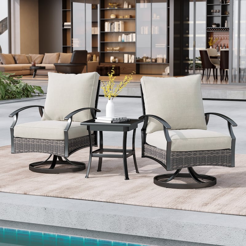 Uixe 3-Piece Outdoor Swivel Rocking Chair Table Set Wicker Rocker