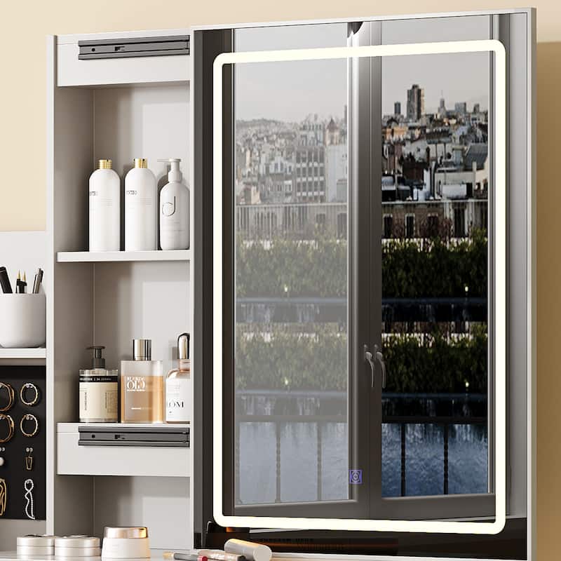 Vanity Desk Set with Sliding Lighted Mirror, Makeup Dressing Table