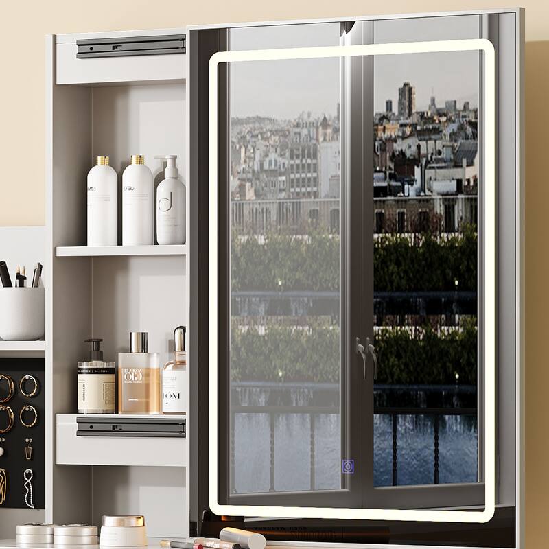 White Vanity Desk Set with Sliding LED Lighted Mirror, Makeup Dressing Table with Padded Stool