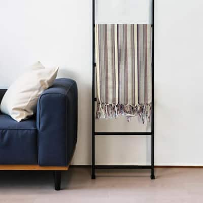 HomeRoots 39" X 71" Gray Cotton Plain Weave Striped Turkish Towel Throw Blanket with Tassels