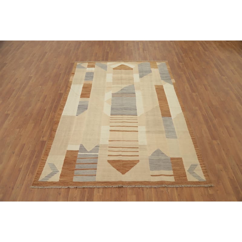 Hand Woven Oriental 100% Wool Carpet Southwestern Modern Beige & Ivories Kilim Area Rug - 8' 8'' X 6' 0''