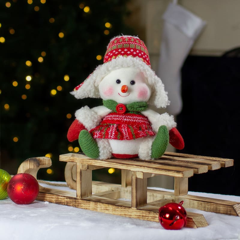 8" Red and Green Sitting Snowman Girl Christmas Figure